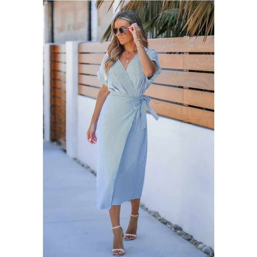Cupshe Blue Pin‑Stripe Collared Wrap Midi Dress Size S NWT Summer msrp$50.99 - Picture 3 of 9